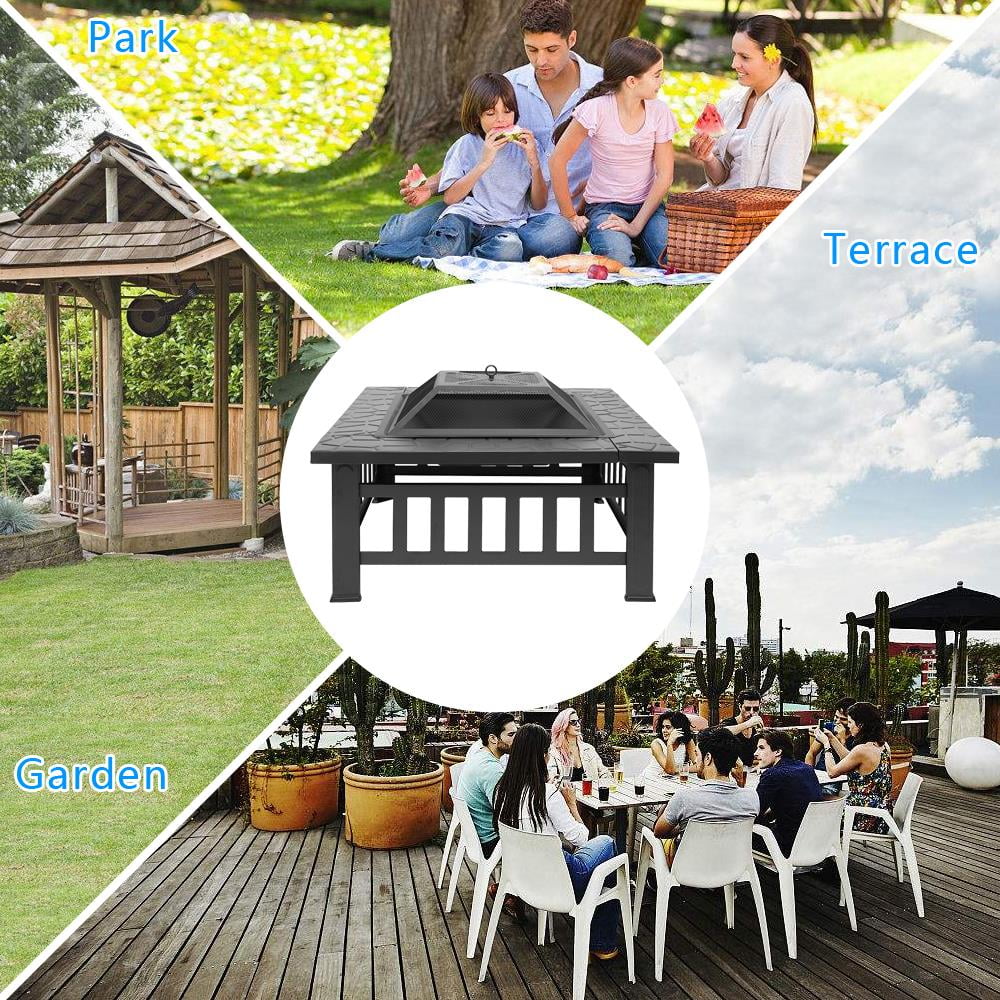 32" Square Outdoor Fire Pit Table – 3-in-1 Wood Burning Fireplace with Mesh Spark Screen BBQ Shelf & Poker Anti-Rust Metal for Patio Garden & Backyard in Black