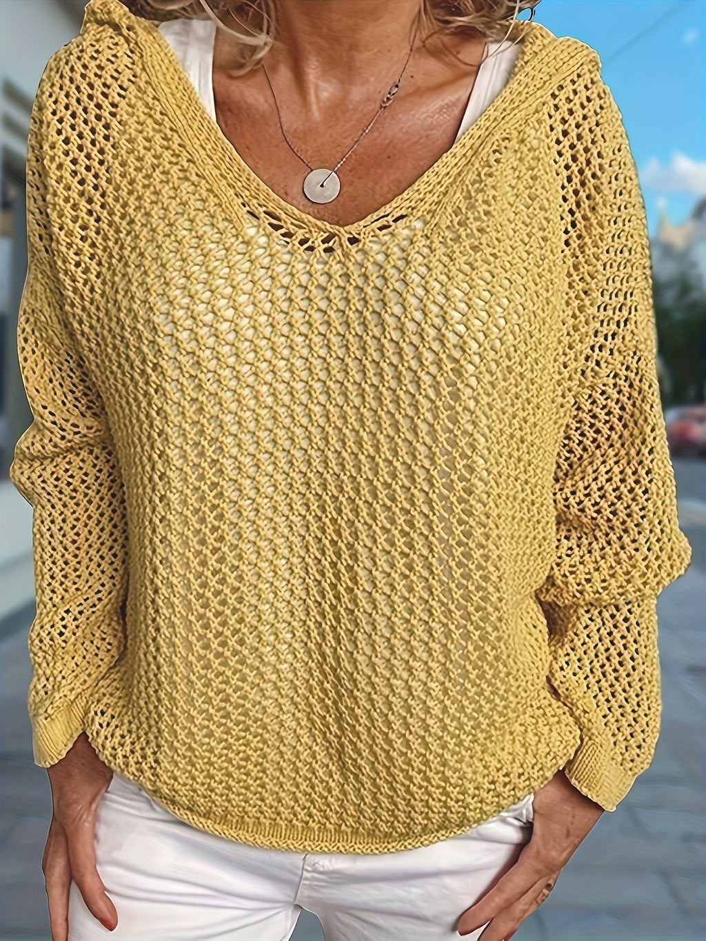 Women's Western Style Loose Hollow-Out Sweater Hoodie - Crochet Knit Pullover Open-Knit Casual Boho Shirt Yellow Green Khaki Red Grey S M L XL XXL Spring Fall