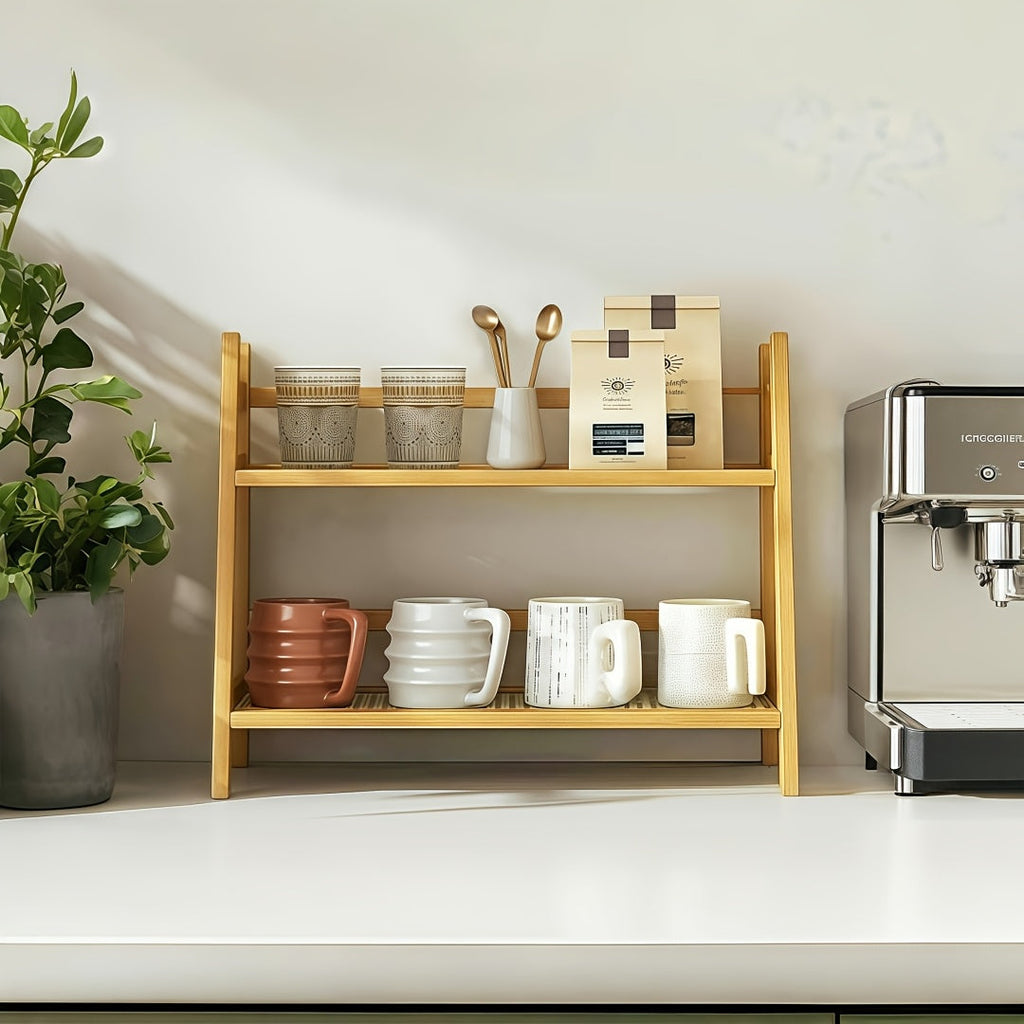 2-Tier Wooden Countertop Shelf Organizer, Vintage Trapezoidal Design, Bamboo Desktop Storage Rack for Kitchen, Office, and Bedroom, Space-Saving Counter Shelf for Coffee Cups, Books, and Decor – 1 or 2 Pack, Large & Medium