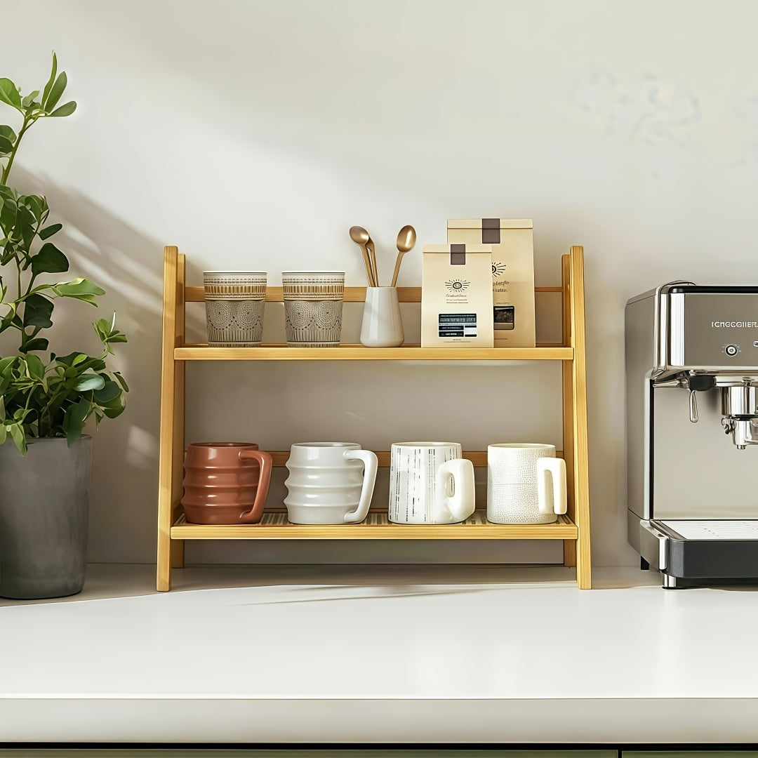 2-Tier Wooden Countertop Shelf Organizer, Vintage Trapezoidal Design, Bamboo Desktop Storage Rack for Kitchen, Office, and Bedroom, Space-Saving Counter Shelf for Coffee Cups, Books, and Decor – 1 or 2 Pack, Large & Medium