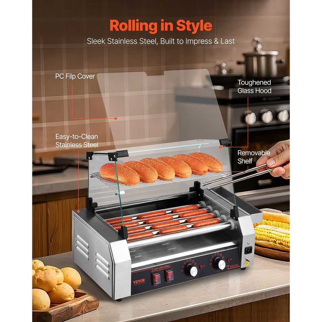 VEVOR Hot Dog Roller Machine 12 Hot Dogs 5 Stainless Steel Rollers Dual Temperature Control Glass Cover Storage Box & Removable Drip Tray for Food Stands Parties & Restaurants – Silver