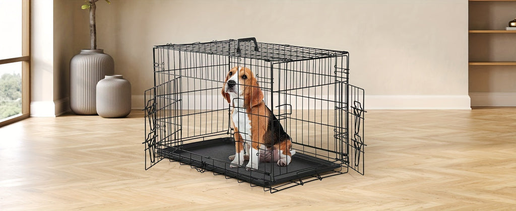 Foldable Double-Door Metal Wire Dog Crate with Divider Panel and Leak-Proof Tray, Indoor/Outdoor Travel Pet Kennel for Small, Medium, Large, and XL Dogs, 4 Sizes Available