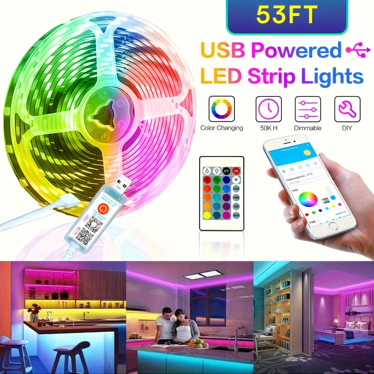 RGB LED Strip Lights App Remote Control Music Sync Dimmable Color Changing Timing – Smart LED Lights for Bedroom, Living Room, and Game Room Decor, 16.4FT to 200FT