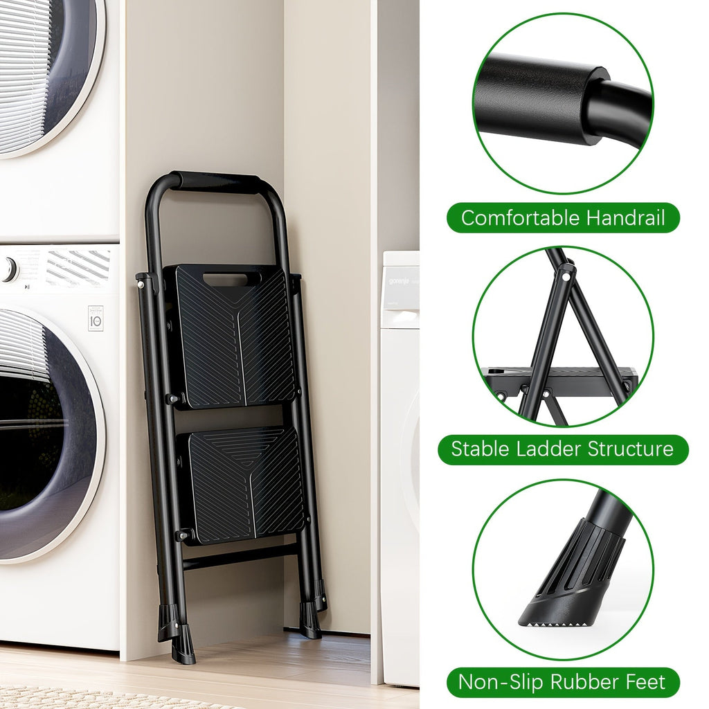 2-Step Folding Ladder – Safe-Lock Sturdy Steel Anti-Slip Pedals & Handrail for Home Kitchen & Office in Black