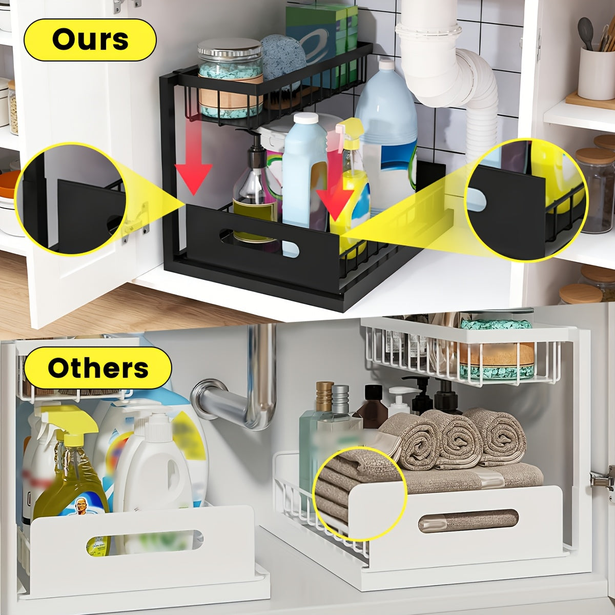 Pull-Out Under Sink Organizer, 2-Tier Slide-Out Cabinet Shelf, Kitchen/Bathroom Utility Storage Rack, Sliding Cabinet Organizer for Under Sink, Kitchen, Bathroom, or Pantry – 1 or 2 Pack Options
