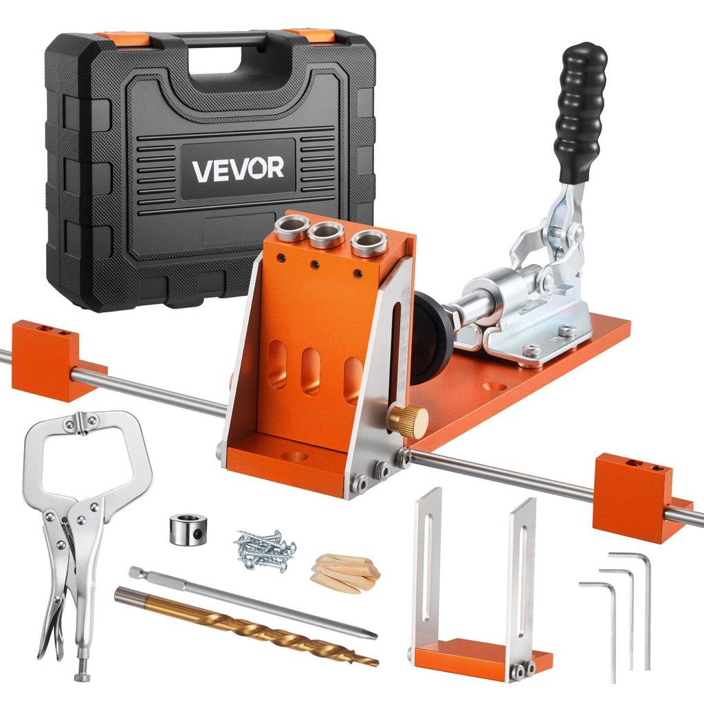VEVOR Pocket Hole Jig Kit - 1/2" to 1-1/2" Adjustable Depth, CNC Aluminum Body, 2-in-1 with C-Clamp, Titanium-Coated Step Drill, Drill Stop Ring & Toolbox - Woodworking for Beginners & Pros