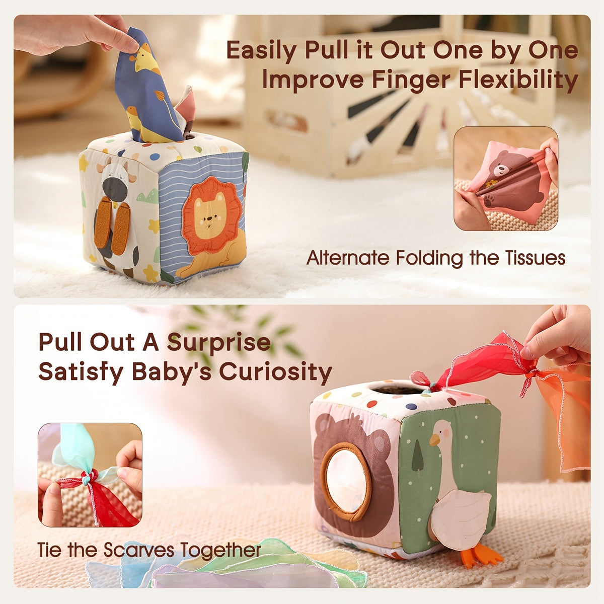 Duck-Shaped Baby Sensory Tissue Box Toy, Non-Tearable Fabric Pull Tissue for Infant Finger Exercise & Early Education, Montessori Soothing Toy for Newborns 0-12 Months, Mixed Colors
