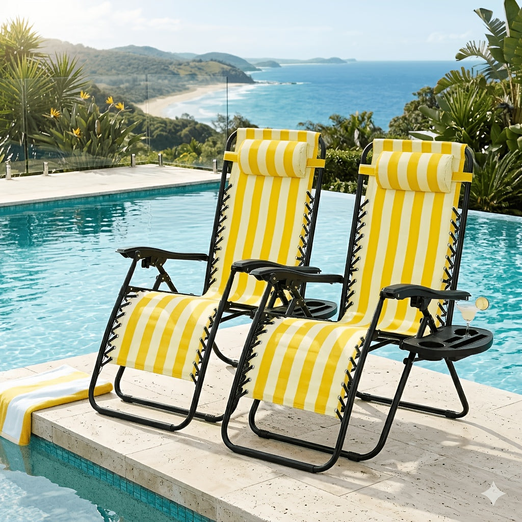 Set of 2 Zero Gravity Recliner Lounge Chairs – 500 LB Capacity Lockable Reclining Detachable Tray Cup Holder for Patio Lawn Garden & Beach in Blue Brown & Stripe Patterns