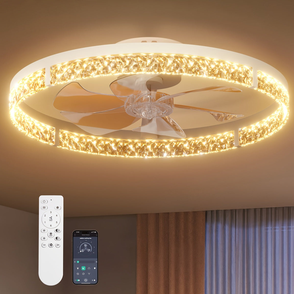24" Ceiling Fan with Light & Remote – Low Profile Flush Mount 3CCT Dimmable LED 6-Speed Quiet Reversible Motor Modern Fandelier for Bedroom Kitchen Living Room in Black & White