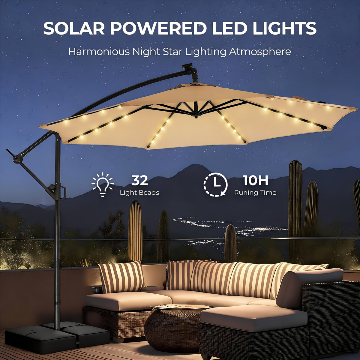 10ft Solar LED Offset Cantilever Patio Umbrella with Base, UPF50+ UV Protection, 32 LED Lights, 8-Rib Steel Frame, Easy Tilt & Crank, Wind-Resistant, for Garden Deck Backyard Pool