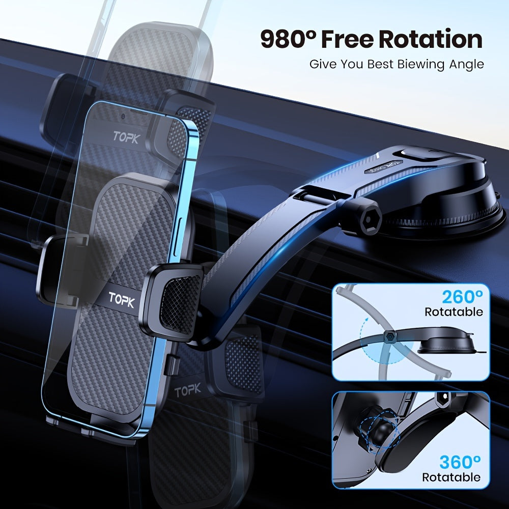Dashboard Car Phone Mount with Strong Adhesive Pad, 360° Adjustable for Vertical and Horizontal Use, Includes Bonus Adhesive Pads, Universal Fit for iPhone 15 14, Samsung Galaxy, and Android, Black