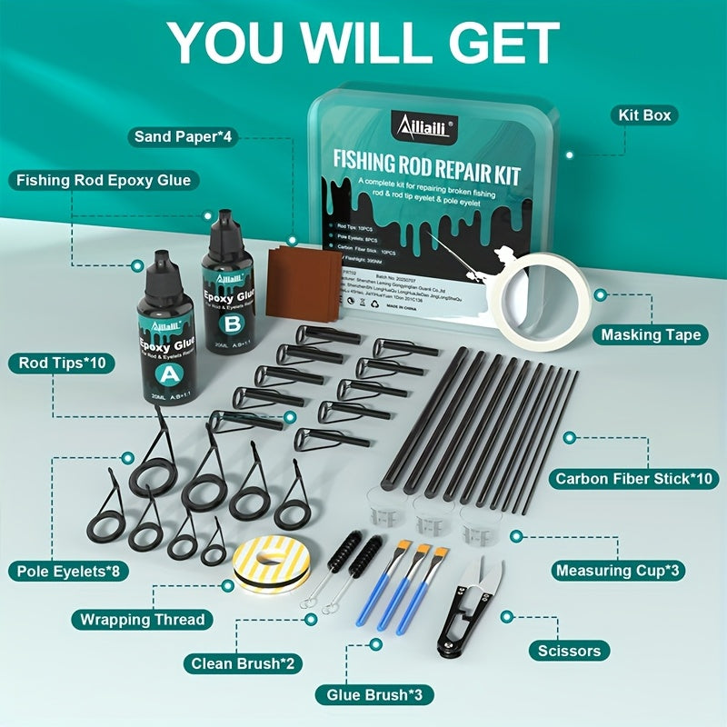 Fishing Rod Repair Kit Complete Set – Tip Top Rings, Rod Guides, AB Epoxy Glue, Winding Thread & Masking Tape, Full Replacement Supplies for Broken Rods
