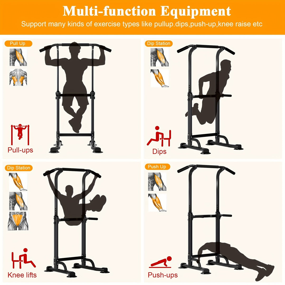 Adjustable Power Tower Dip Station Pull Up Bar for Home Gym, 10 Height Levels 65-82.7 Inches, 330LBS Capacity, 6 Exercise Positions, Full Body Strength Training, Black/Red/Yellow/Blue/Pink/Orange