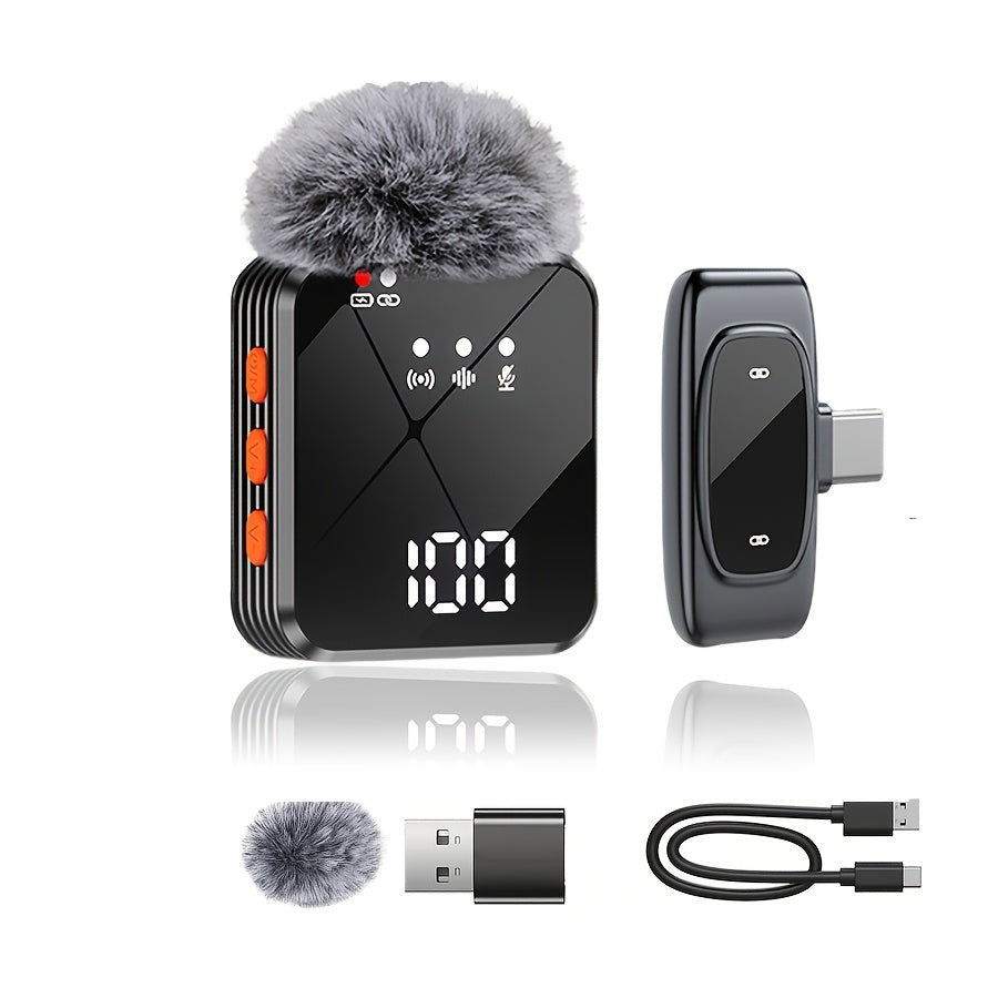 2-in-1 Wireless Lavalier Microphone USB-C with Intelligent Noise Cancellation, Omnidirectional Condenser Mic & Furry Windshield – Plug & Play Clip-On Lapel Mic for Live Streaming, Interviews, Vlogging & Content Creation on iPhone & Android
