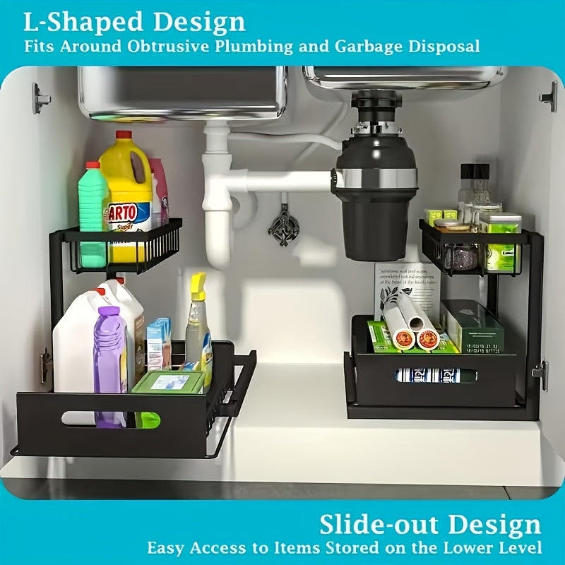 Pull-Out Under Sink Organizer, 2-Tier Slide-Out Cabinet Shelf, Kitchen/Bathroom Utility Storage Rack, Sliding Cabinet Organizer for Under Sink, Kitchen, Bathroom, or Pantry – 1 or 2 Pack Options