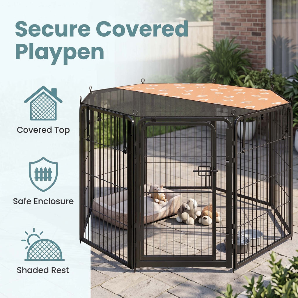 8-Panel Dog Playpen with Mesh Roof, 54.5"x54.5"x23.6", Rust-Resistant Steel & POM Frame, One-Hand Latch Door, 5-Min Setup, Indoor Outdoor Pet Exercise Pen, Black