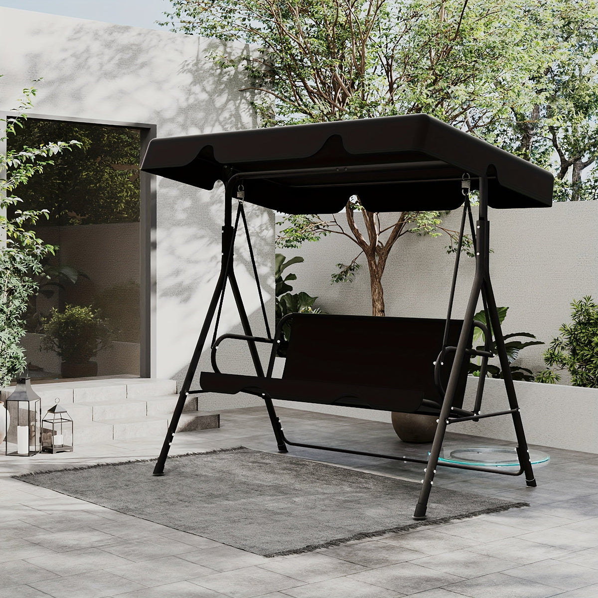Polyester Canopy Porch Swing Glider for Adults – Powder-Coated Rust-Proof Heavy Duty Stand, Adjustable Bracket for Porch, Garden & Lawn, 6 Colors: Black Beige Coffee Red Green Blue – Nova Mart