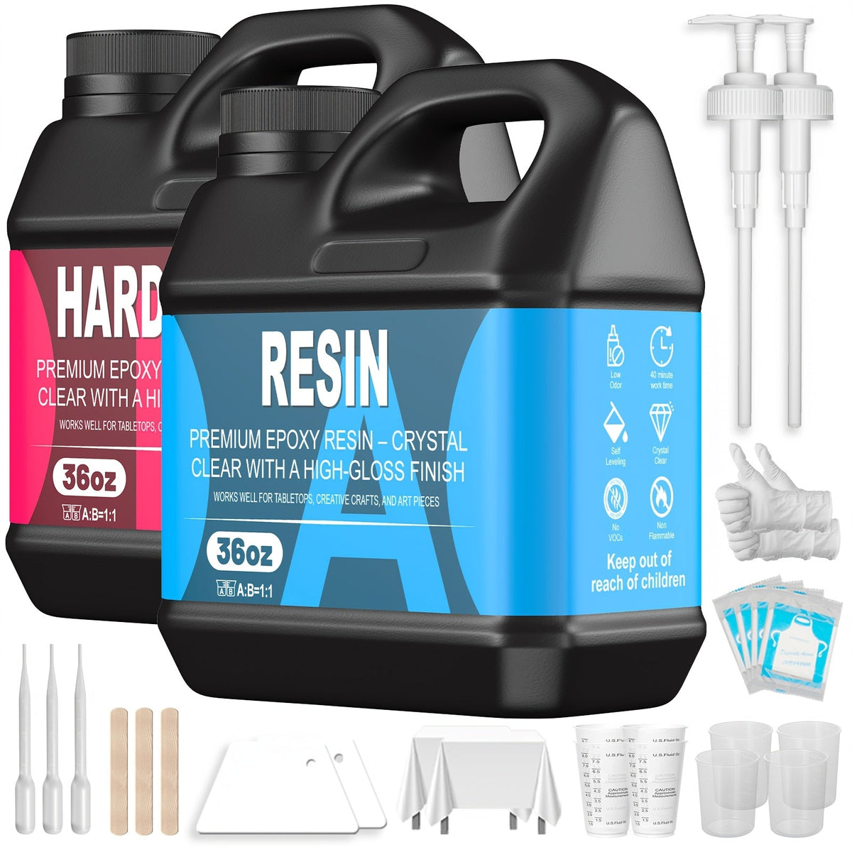 Ultra Clear Epoxy Resin Kit 2-Part Bubble-Free Yellowing-Resistant Self-Leveling for Countertops, River Tables, Casting, Coating, and DIY Crafts - 32oz, 72oz, Fast Cure, 1 Gallon with Pump