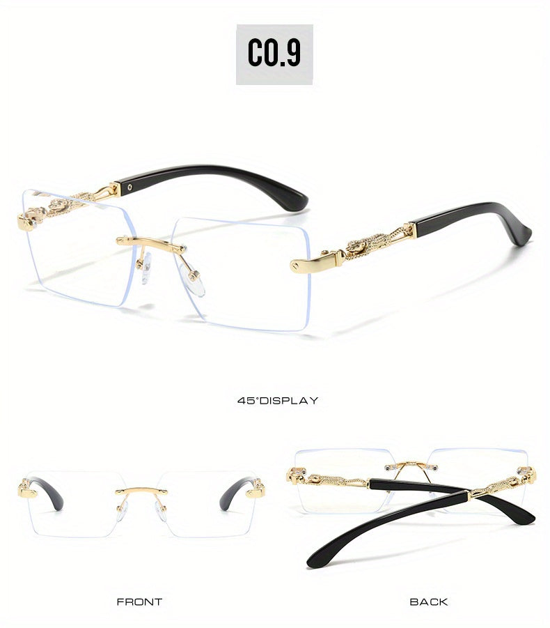 Unisex Luxury Frameless Sunglasses with Leopard Print Temples - UV400 Narrow Rectangular Lens Black & Gold Fashion Eyewear for Men & Women, Includes Protective Case & Cleaning Cloth for Driving, Travel & Parties