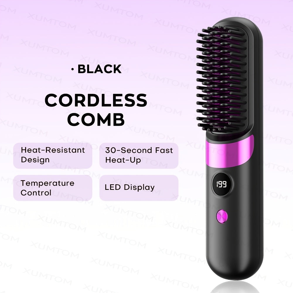 2-in-1 Hair Straightening Comb & Curling Iron - 4-Speed Temperature Control, Fast Heating, LED Display, USB Charging - Standard & Upgraded Versions - Black & Beige