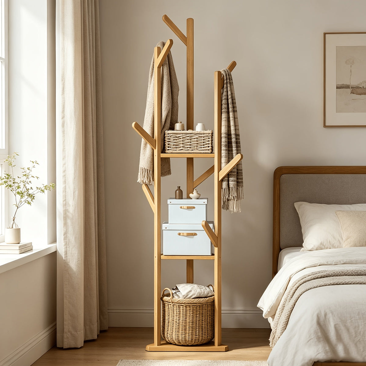 64" Bamboo Coat Rack Freestanding – 9 Hooks & 3 Shelves Entryway Hallway Tree Stand for Clothes Hats Bags & Coats in Natural Bamboo
