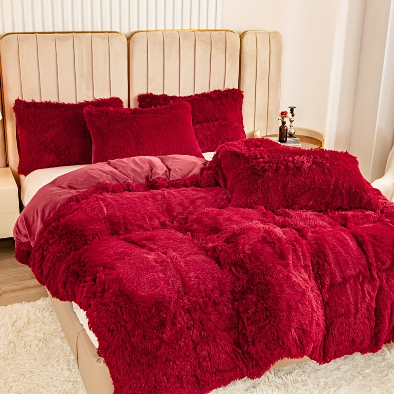 Plush Duvet Cover Set 3 Piece, Long Hair Knitted Polyester, Solid Color Fuzzy Comforter Cover with Zipper Closure, All-Season Soft Cozy Bedding Set for Bedroom, Multiple Colors Available