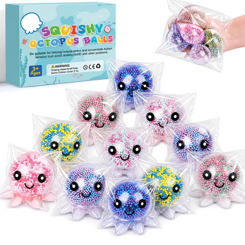 Squishy Stress Balls Octopus Shape, 3 or 5 Pack, Bead-Filled Sensory Fidget Squeeze Toys for Kids & Adults, Anxiety Relief, Colorful Transparent Party Favors, Stocking Stuffers, Halloween Christmas Gifts