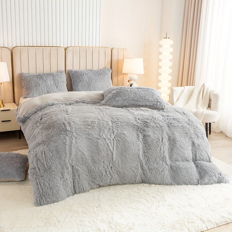 Plush Duvet Cover Set 3 Piece, Long Hair Knitted Polyester, Solid Color Fuzzy Comforter Cover with Zipper Closure, All-Season Soft Cozy Bedding Set for Bedroom, Multiple Colors Available
