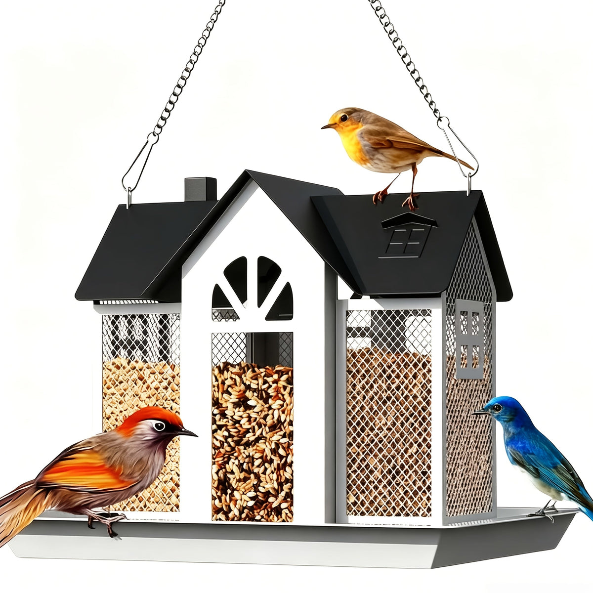 Squirrel-Proof Wild Bird Feeder for Outdoors – 3-Chamber Metal Mesh Large-Capacity Weatherproof Hanging Bird Feeder for Cardinals, Finches, and Backyard Birds, Available in Multiple Colors