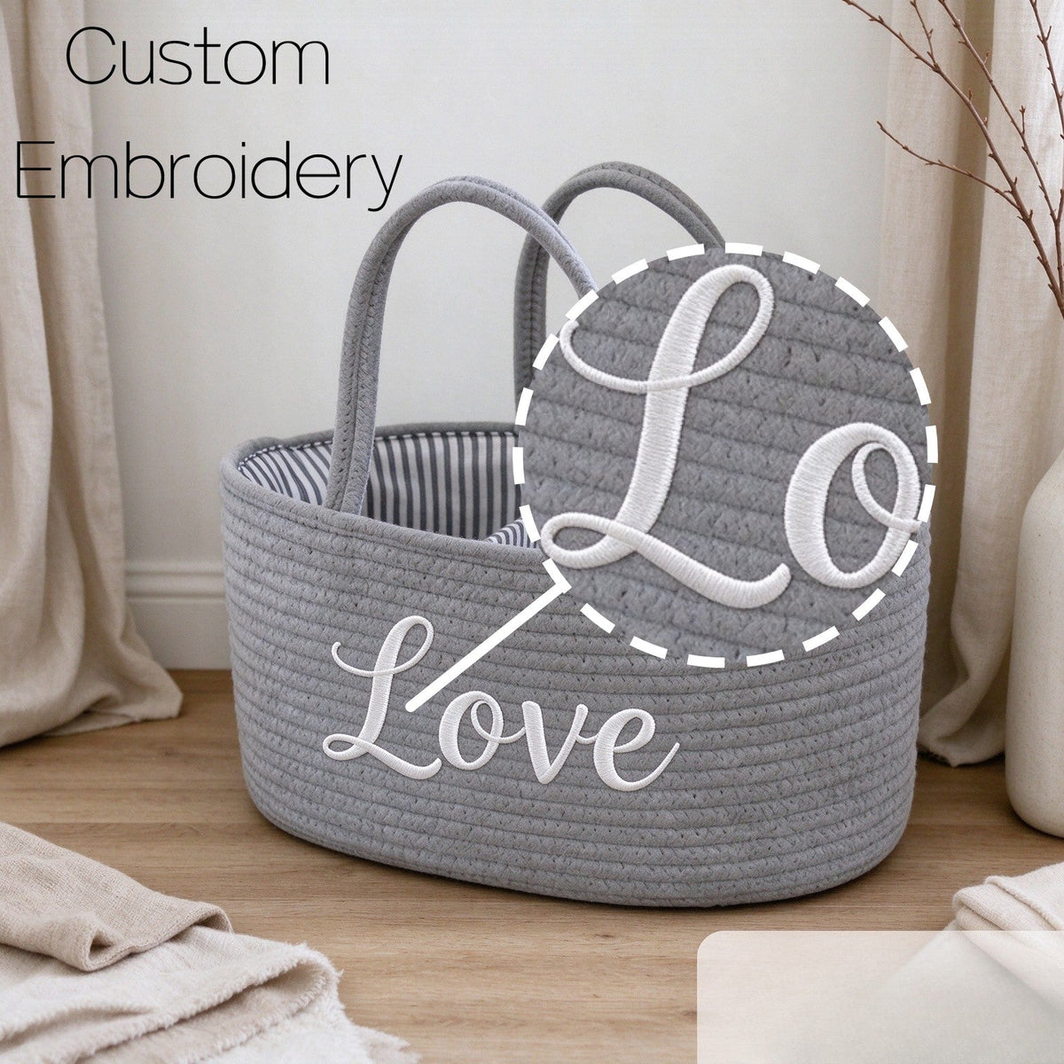 Large Rope Storage Basket with T-Shaped Dividers, 14x9x7 Inch Nursery Diaper Organizer Basket for Diapers Bottles Toys & Household Items, Woven Bin for Baby Room & Home Organization