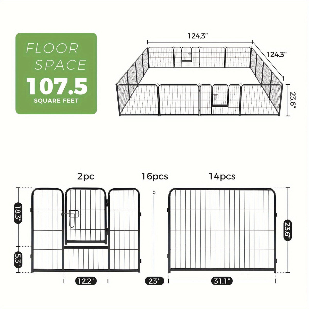 Dog Playpen 8 or 16 Panel DIY Metal Kennel with Door for Large, Medium, and Small Dogs – 24, 32, 40 Inch Indoor/Outdoor Puppy Pen, Easy to Assemble & Move