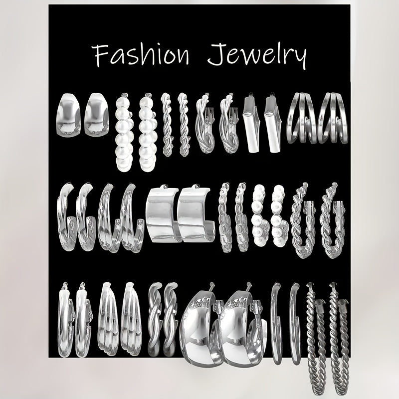 24 Pairs Fashion Alloy Earrings Set for Women – Zinc Alloy with Stainless Steel Studs, Hypoallergenic, Everyday/Party/Holiday Jewelry Gift, Year-Round Styling