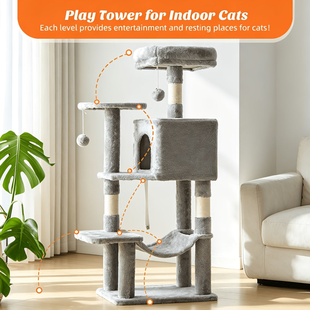 44-Inch Cat Tree Tower with Natural Sisal Scratching Posts, Large Hammock & Enclosed Cat Bed - Multi-Level Indoor Cat Climbing Structure for Large Cats & Multiple Cats, Modern Pet Furniture for Home