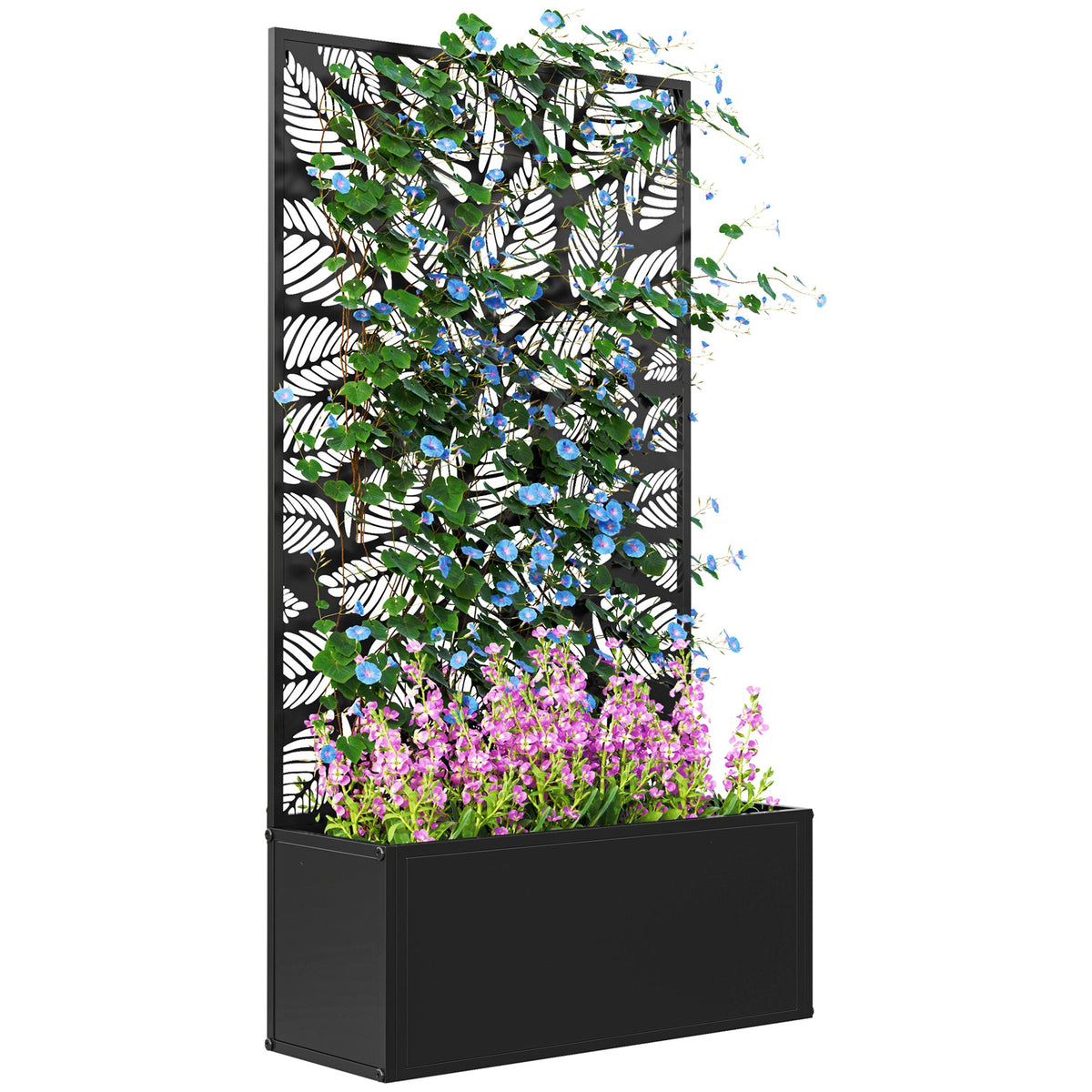 Metal Raised Garden Bed with Trellis & Privacy Panel, 8 Gallon, 24"x9.1"x44.5", Leaf Cutout Design, Drainage Slots, Freestanding or Wall Mount, Powder-Coated, for Garden, Patio & Balcony