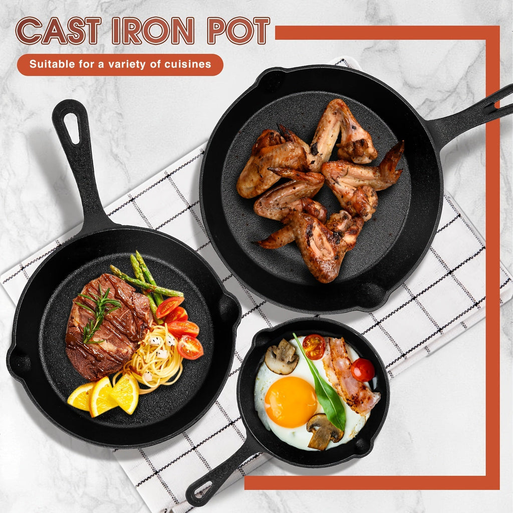 3-Piece Cast Iron Skillet Set with Pour Spouts – Pre-Seasoned Non-Stick Heavy-Duty Cookware for Holiday Cooking, RV Camping, Campfire Meals, Oven & Stovetop Safe Kitchen Gift