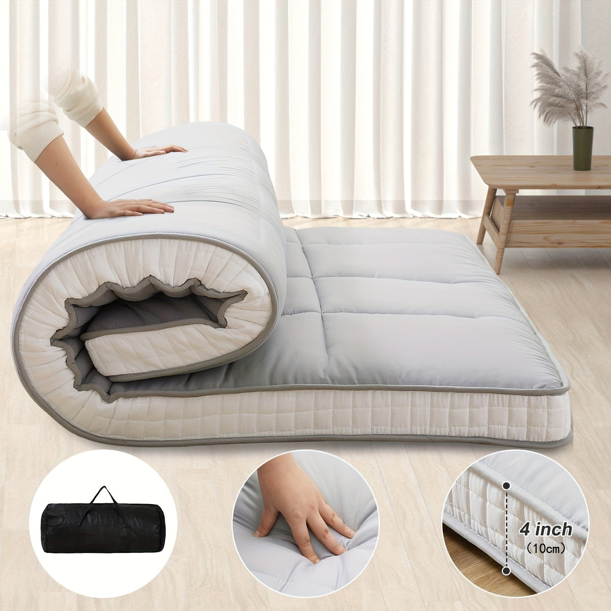 Japanese-Style Foldable Floor Mattress – Portable Roll-Up Guest Bedding for RV Travel Camping & Everyday Floor Lounging in Twin Full & Queen in Black & Grey
