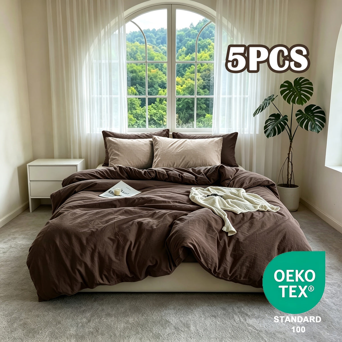Washed Microfiber Duvet Cover Set 5-Piece, 1 Duvet Cover + 4 Pillowcases, Zipper Closure & Corner Ties, Soft Breathable Bedding Set for Home School Guest Room, No Insert, Multiple Sizes & Colors