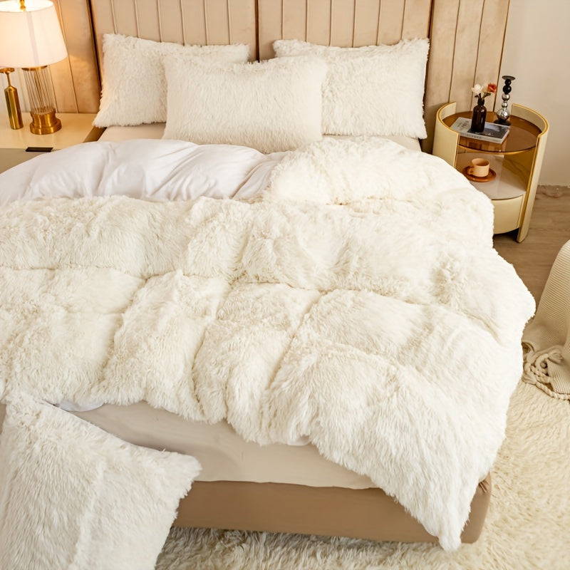 Plush Duvet Cover Set 3 Piece, Long Hair Knitted Polyester, Solid Color Fuzzy Comforter Cover with Zipper Closure, All-Season Soft Cozy Bedding Set for Bedroom, Multiple Colors Available