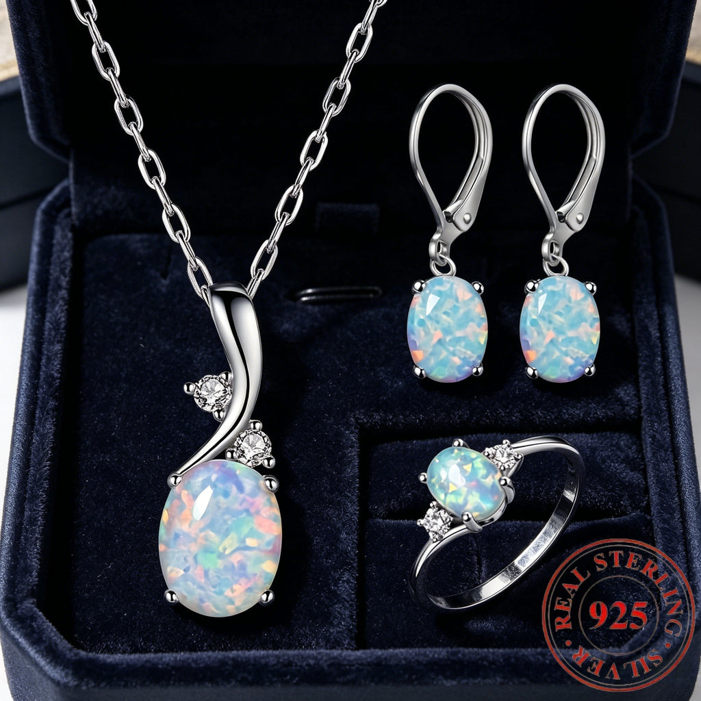 925 Sterling Silver Water Drop Opal Jewelry Set for Women – 4-Piece Necklace, Earrings, and Ring Set, Elegant Opal Pendant Fashion Jewelry Gift for Party, Daily Wear, Birthday, and Anniversary