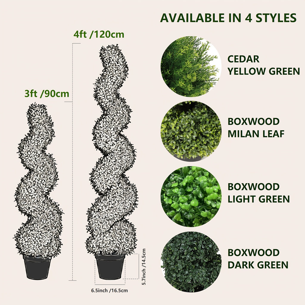 Artificial Spiral Topiary Trees 2pcs 3FT or 4FT, Faux Boxwood Cedar Outdoor Fake Plants All-Year Green for Porch Entryway Patio Garden Indoor Decor, Light Green Dark Green Milan Leaf