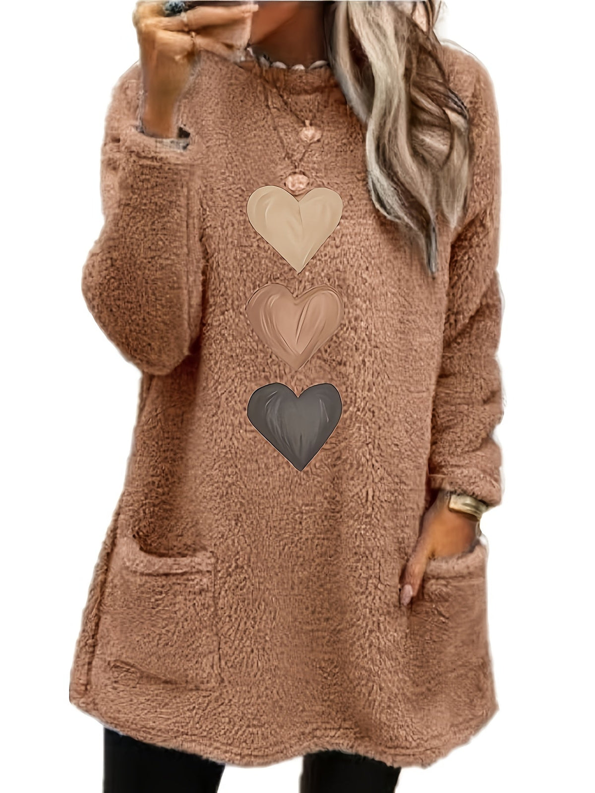 Women's Heart Print Long Sleeve Fleece-Lined Pullover Sweatshirt, Casual Crewneck Fall/Winter Top for Women, S-XXL, Multiple Colors