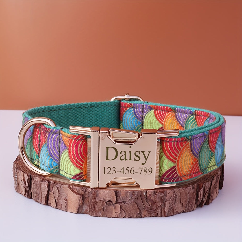 Personalized Dog Collar with ID Tag - Customizable Anti-Lost Pet Collar in 21 Styles, Adjustable XS to XL for Small, Medium, and Large Dogs, Plaid, Floral, and Dot Patterns, Engraved Contact Information