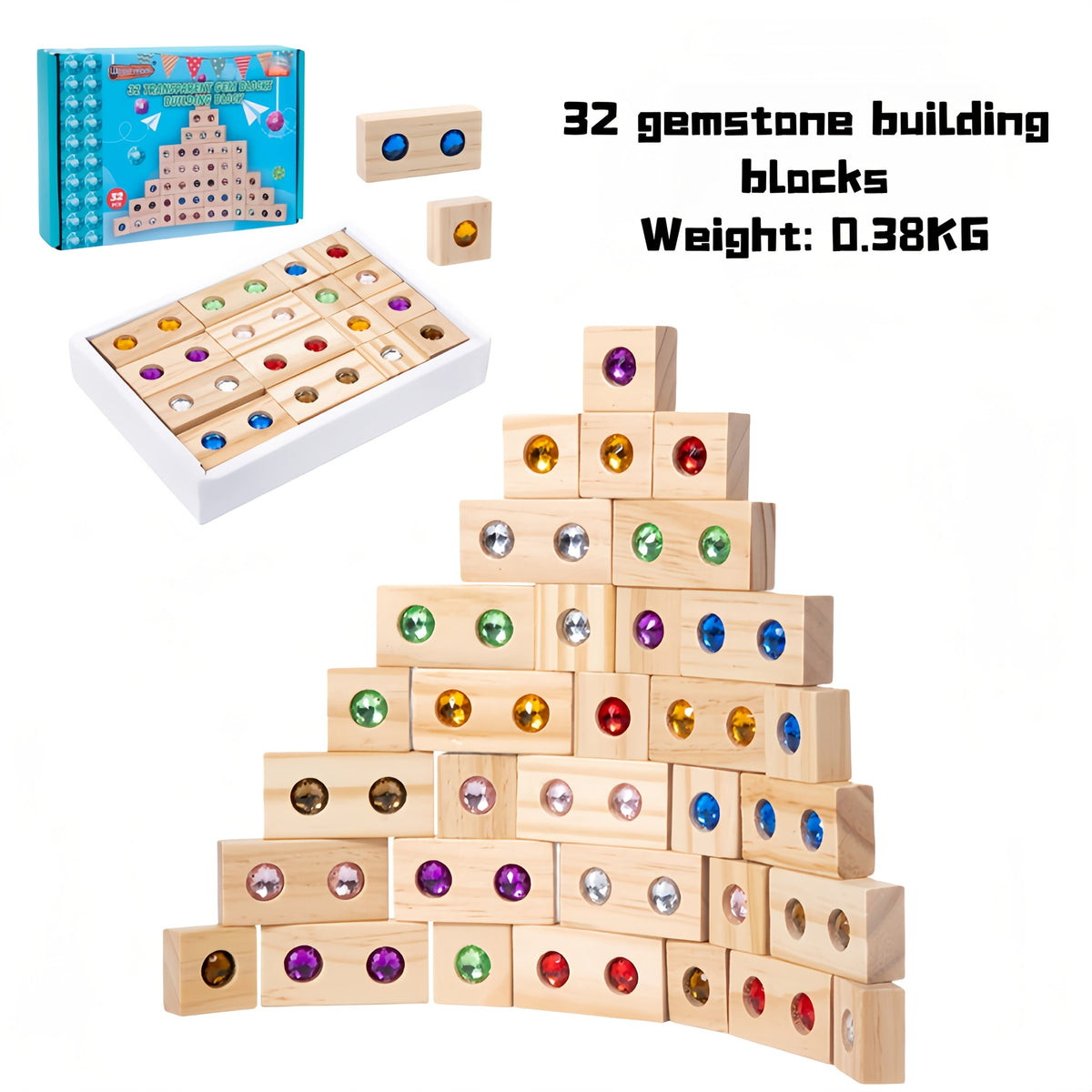Wooden Sensory Building Blocks with Colorful Rhinestones, 32pc/50pc Educational Stacking Toys for Toddlers 18M+, Fine Motor Skills & Imaginative Play, Birthday & Christmas Gift