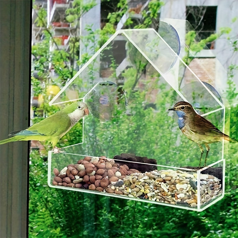 Acrylic Window Bird Feeder, House-Shaped Transparent Seed Tray with Suction Cups for Secure Mounting – Clear View Wild Bird Feeder for Backyard Garden Bird Watching