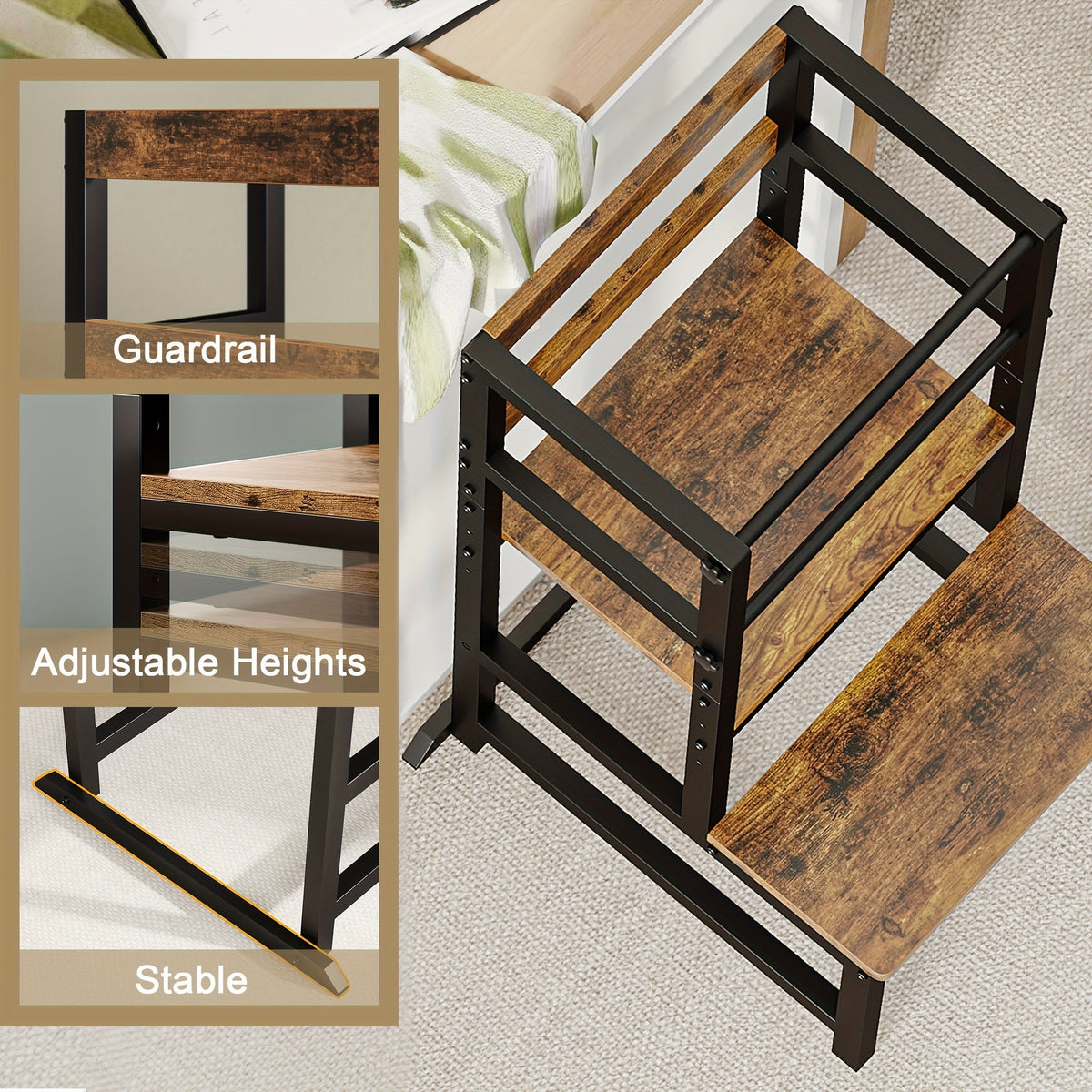 Adjustable Toddler Learning Tower Step Stool with Safety Rail Wooden & Steel Height Adjustable Kitchen Helper for Kids – Brown Black Wood & White