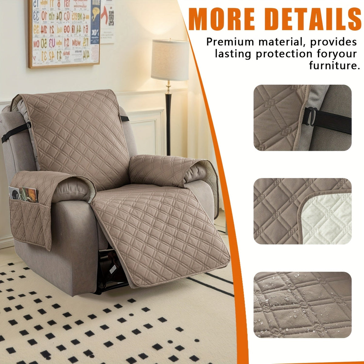 Waterproof Recliner Slipcover with Side Pockets, Anti-Slip Straps, 4-Layer Quilted Fabric, Pet & Kid Proof, Machine Washable Recliner Chair Protector – 11 Colors