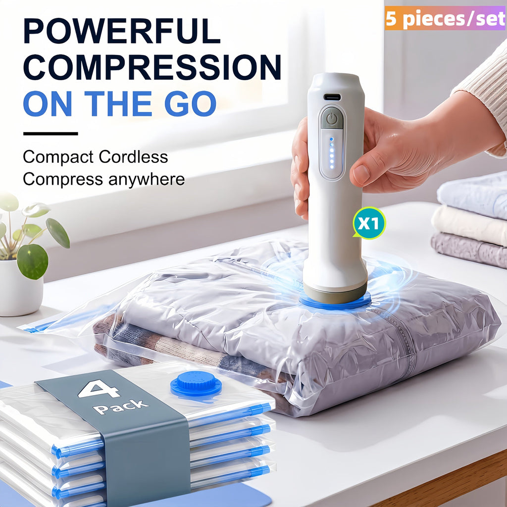 4-Pack Vacuum Storage Bags with USB Electric Air Pump - 1500mAh Rechargeable, 3 Sizes (30×40 / 40×50 / 50×60cm) - Space-Saving for Clothes & Seasonal Bedding