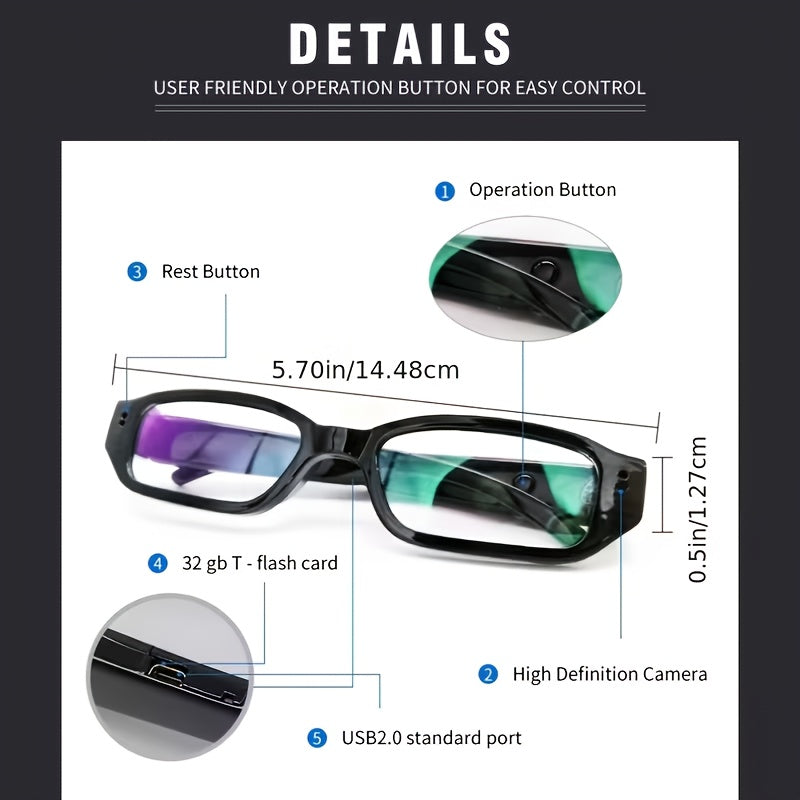1080P HD Video Glasses Camera with TF Card Slot – Portable Digital Recorder, USB Powered, Plug and Play, for Sports, Outdoor Activities & Meetings, Includes 32GB TF Card