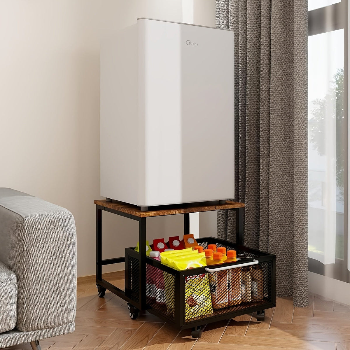 Mini Fridge Stand with Wheels 20x20 Inch Heavy Duty Rolling Cart, Large Capacity Storage Shelf with Basket for Drinks, Multi-Use as Side Table End Table Bedside Table for Home Office Bedroom