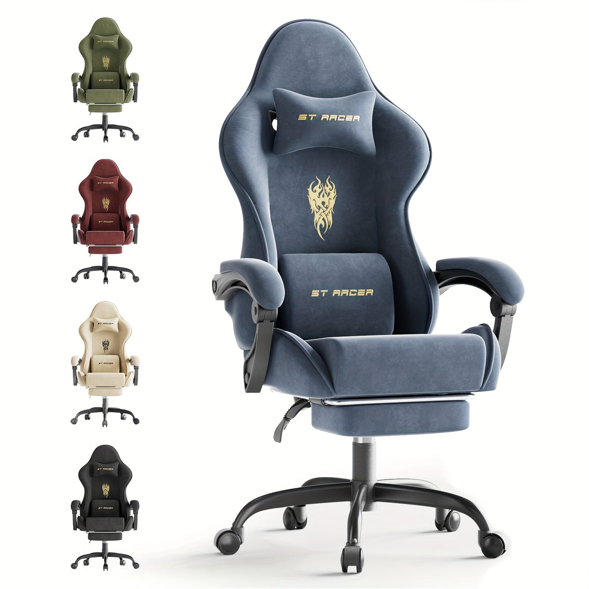 Velvet Fabric Gaming Chair with Footrest & Massage Lumbar Cushion – High Back Ergonomic Gamer Chair for Adults, Breathable Fire Embroidery Velvet, 5 Colors: Black Red Blue Gray Green Beige – Nova Mart